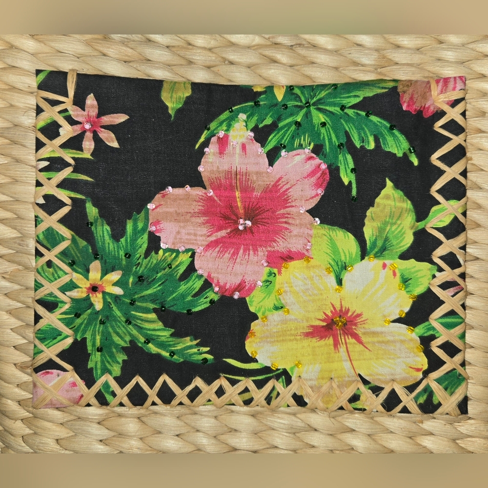 Vtg 1990s Cornhusk Basket Wicker Purse Boho Tropical Print Casual Tote - Picture 2 of 6
